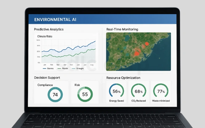  Environmental AI Dashboard showing predictive analytics for climate risks, real-time monitoring, decision support metrics, and resource optimization stats.