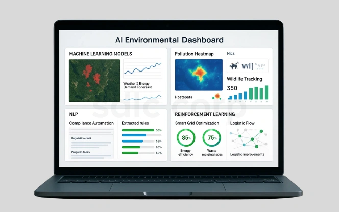  AI Environmental Dashboard featuring machine learning models, pollution heatmaps, wildlife tracking, NLP compliance automation, and reinforcement learning applications.