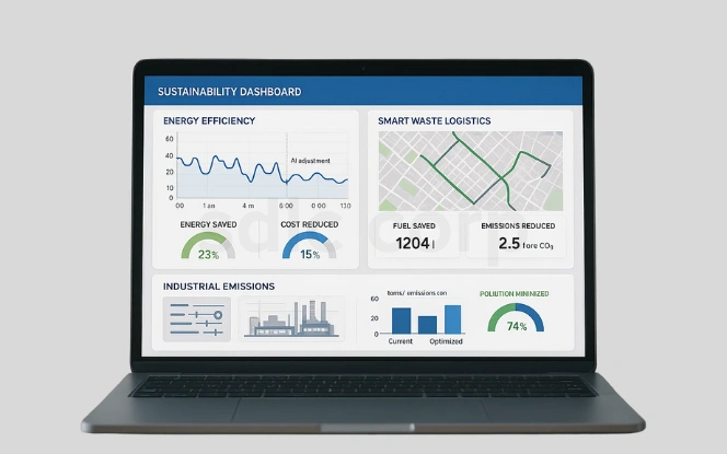  Sustainability Dashboard highlighting energy efficiency, smart waste logistics, and industrial emissions reduction metrics.