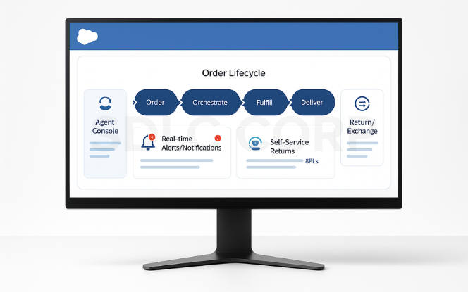  Salesforce-style Order Management & Service dashboard on monitor with order flow and status panels, white background.
.