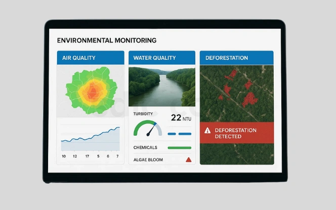  Environmental Monitoring Dashboard tracking air quality, water quality, and deforestation detection with real-time alerts.
