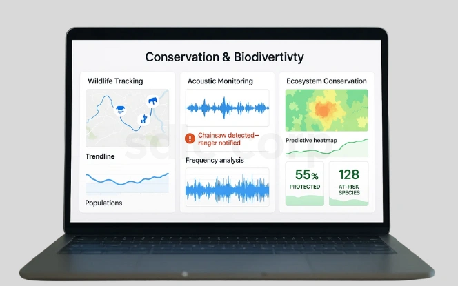  Conservation and Biodiversity Dashboard showing wildlife tracking, acoustic monitoring for poaching, and ecosystem conservation heatmaps.