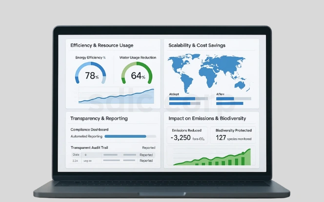  AI Benefits Dashboard covering efficiency, scalability, transparency, emissions reduction, and biodiversity protection.