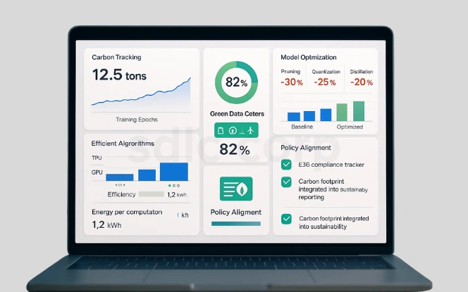 AI Environmental Footprint Dashboard with carbon tracking, model optimization, efficient algorithms, green data centers, and policy alignment.