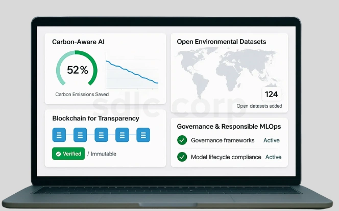 Future of AI Dashboard highlighting carbon-aware AI, open environmental datasets, blockchain transparency, and responsible MLOps governance.
