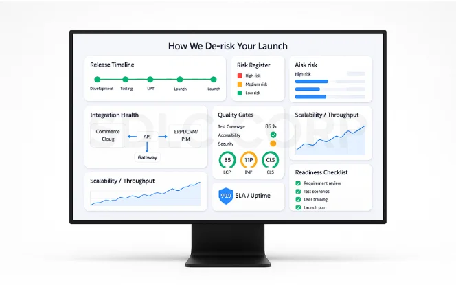   De-risk launch dashboard on monitor, showing timeline, risks, integrations, and quality checks, white background.
.