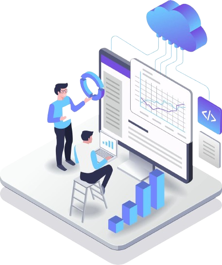 Isometric illustration of a cloud-connected dashboard with charts and growth bars as two people collaborate on implementation.