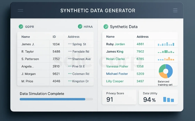 “A professional dashboard-style UI showing a side-by-side comparison of blurred real data and colorful AI-generated synthetic data with compliance icons, charts, and a progress bar.