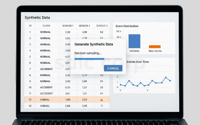 A laptop screen showing a synthetic data dashboard with a table of events and sensor readings, a pop-up progress bar for generating synthetic data via random sampling, and charts displaying event distribution and trends over time.