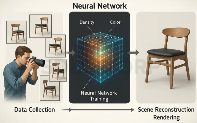 Neural Radiance Fields turn 2D photos into photorealistic 3D scenes through AI-driven training.