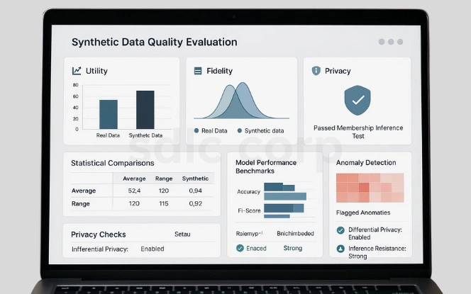 A laptop screen shows a dashboard titled “Synthetic Data Quality Evaluation” with charts, tables, and icons illustrating utility, fidelity, privacy, comparisons, benchmarks, anomalies, and privacy checks.