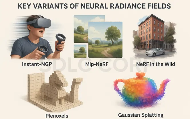 Diagram showing the NeRF rendering process: input images of a colorful striped mug on a table, processed by a NeRF model, producing output novel views with realistic 3D details including a bookshelf, chair, and plant.