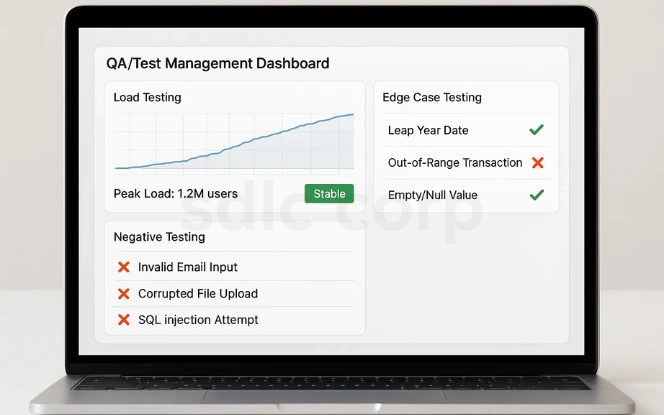 A laptop screen shows a QA/Test Management Dashboard with panels for Load Testing, Negative Testing, and Edge Case Testing using charts, error logs, and pass/fail icons.
