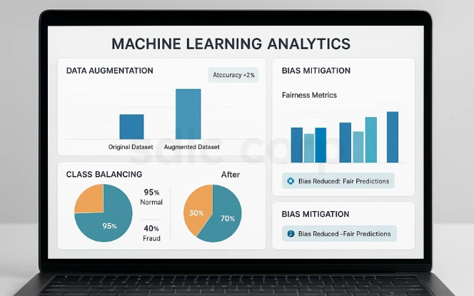A laptop screen shows a Machine Learning Analytics dashboard with panels for Data Augmentation, Class Balancing, and Bias Mitigation using charts and fairness metrics.