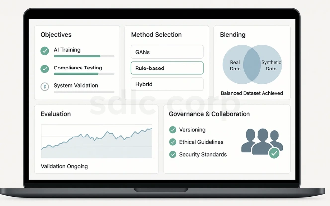 A laptop shows a Best Practices for Synthetic Data Generation dashboard with panels for objectives, method selection, blending, evaluation, and governance.