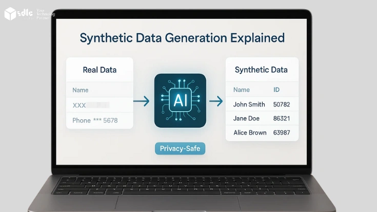 A laptop displays a banner titled Synthetic Data Generation Explained, showing a flow from masked real data through an AI icon to synthetic data with privacy-safe labeling.