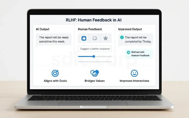 A laptop displays an RLHF interface where AI output is refined through human feedback with benefits shown as icons for goals, values, and interactions.
