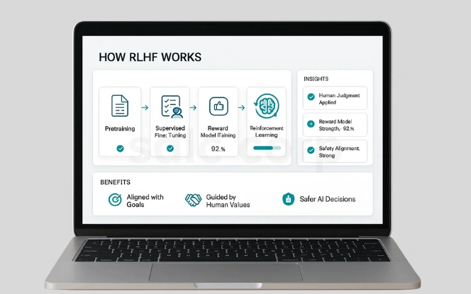 A laptop displays a “How RLHF Works” dashboard showing the training pipeline, insights, and benefits of aligning AI with human goals, values, and safety.
