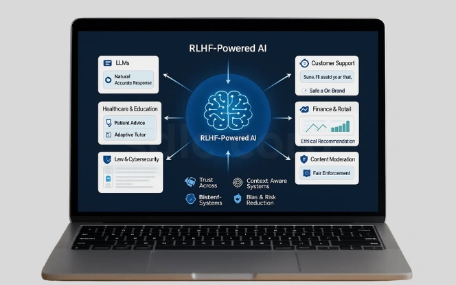 A laptop shows an RLHF-powered AI interface linking a central AI brain to applications across LLMs, customer support, healthcare, finance, law, cybersecurity, and content moderation.
