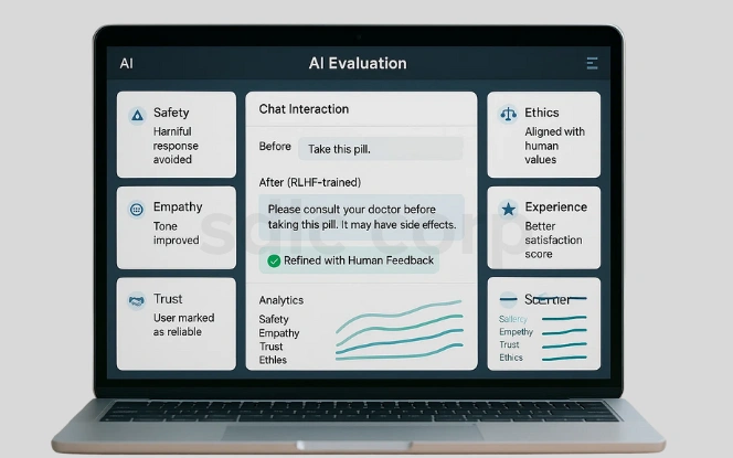 A laptop shows an AI Evaluation screen with a before-and-after chat refined by human feedback and benefits like safety, empathy, trust, ethics, and user experience.