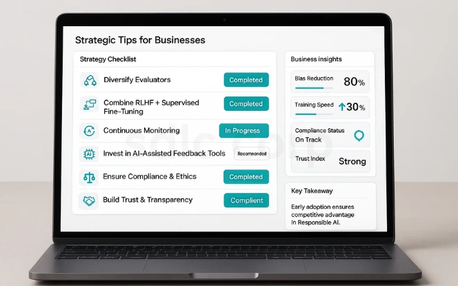 A laptop displays a “Strategic Tips for Businesses” dashboard with RLHF strategy checklist, business insights, and a key takeaway on early adoption.