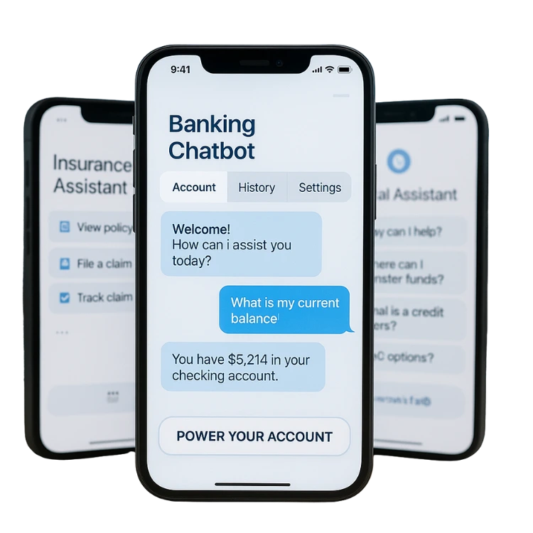 Smartphone showing a banking chatbot displaying account balance.