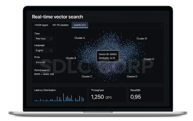 Close-up of a computer screen showing a real-time vector search interface with 3D embedding point cloud, similarity tooltips, hybrid search toggle, and performance charts