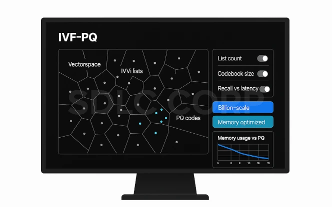 Desktop screen showing IVF-PQ vector index with clustered buckets (IVF lists) and PQ code compression for billion-scale search