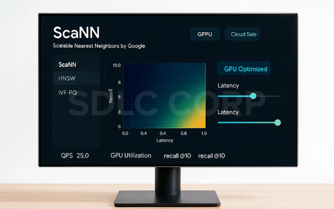 Desktop screen displaying ScaNN algorithm dashboard with GPU-optimized vector search, recall vs latency heatmap, and cloud-scale performance metrics