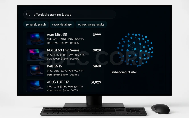 Semantic search results for “affordable gaming laptop” powered by a vector database with embedding clusters and context-aware recommendations