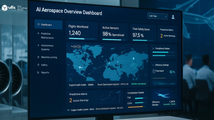 Large wall-mounted TV screen displaying an AI aerospace overview dashboard with global flight map, KPIs, and real-time data feed in a modern aerospace operations center.