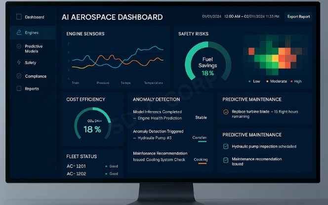 AI aerospace dashboard showing real-time monitoring, safety risk heatmap, and efficiency metrics