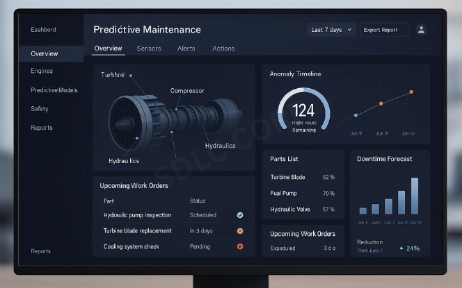 AI aerospace dashboard with 3D engine digital twin, anomaly timeline, RUL meter, and maintenance alerts