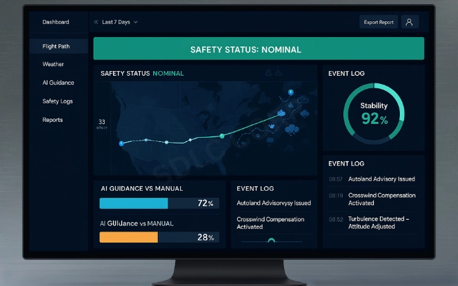 AI aerospace dashboard showing route corridor visualization, AI guidance indicator, and stability score gauge