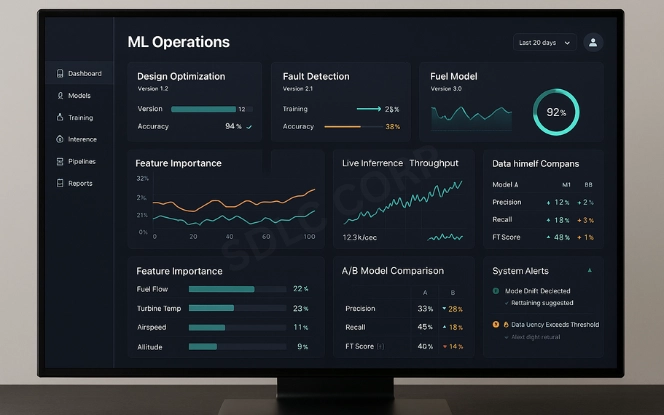 AI aerospace dashboard with model catalog, training metrics, feature importance chart, and A/B comparison