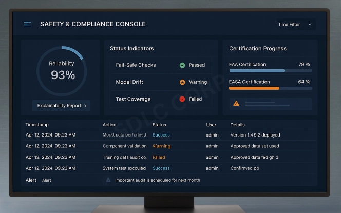 AI aerospace dashboard showing reliability score, compliance tracker, audit logs, and safety status indicators