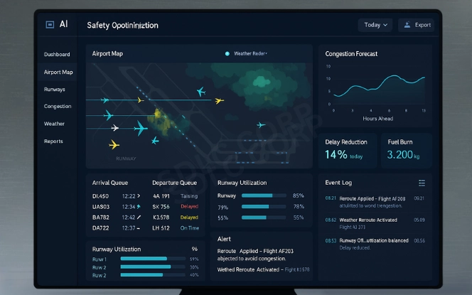 AI air traffic dashboard with live airport map, runway utilization, congestion forecast, and reroute suggestions