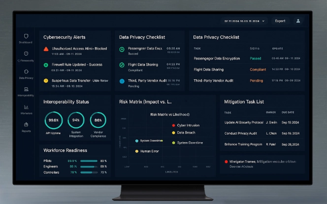 AI aerospace dashboard with cybersecurity alerts, data privacy checklist, workforce readiness, and risk matrix