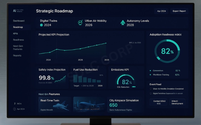 AI aerospace roadmap dashboard with milestones for digital twins, urban air mobility, and emissions KPIs
