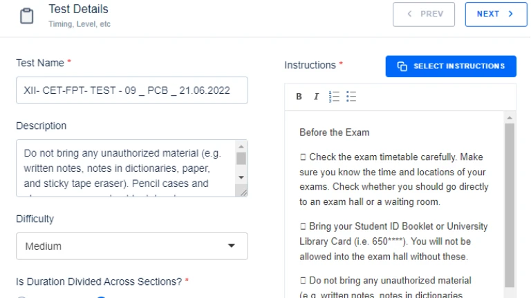 IMS exam builder and instructions