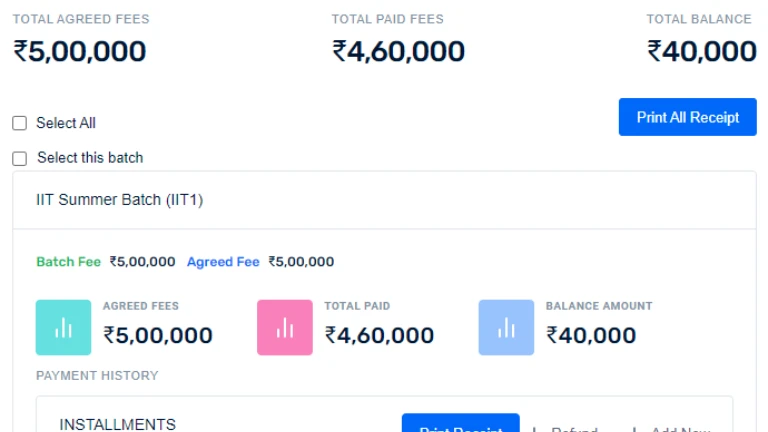 IMS fees receipts and PDC status screen