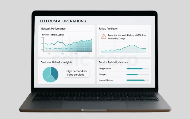 A laptop screen displays a telecom AI operations dashboard with network performance graphs, failure prediction alerts, customer behavior insights, and service reliability metrics.