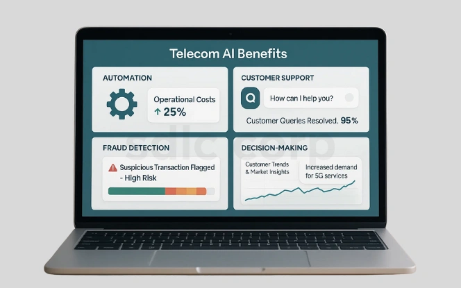 A laptop screen displays a telecom AI benefits dashboard with panels for automation cost savings, customer support chat, fraud detection alerts, and decision-making insights on 5G demand.