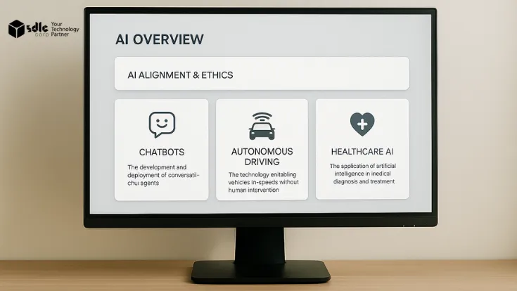 Desktop computer on a light background showing an AI dashboard with chatbots, self-driving cars, and healthcare icons, representing AI alignment and ethics