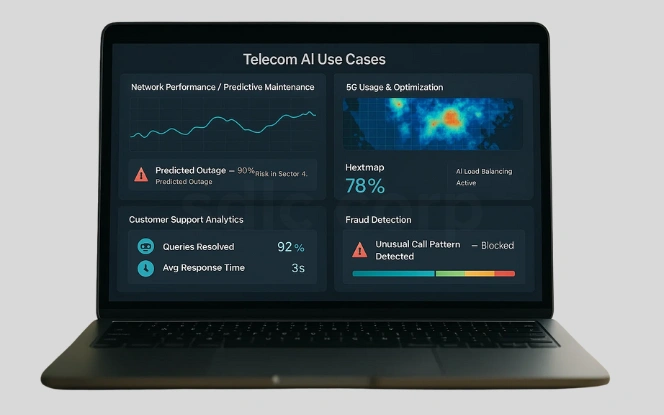 A laptop shows a telecom AI dashboard with predictive maintenance, 5G optimization, customer support analytics, and fraud detection alerts.