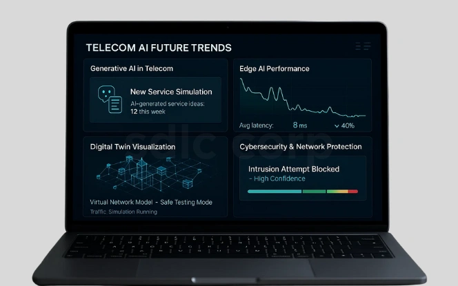 A laptop shows a telecom AI future trends dashboard featuring generative AI, edge AI performance, digital twin visualization, and cybersecurity protection.