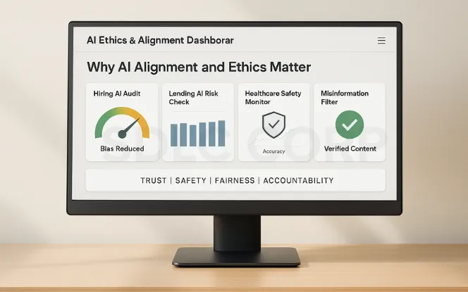 Desktop monitor on a light background showing an AI ethics dashboard with hiring fairness audits, lending bias checks, healthcare safety metrics, and misinformation filters, emphasizing trust, safety, and accountability.