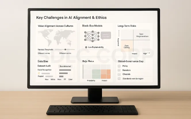 Desktop monitor on a light background showing a technical dashboard of AI alignment challenges: cultural value differences, black-box explainability, data bias and unequal facial recognition error rates, long-term goal misalignment risks, and uneven global governance.