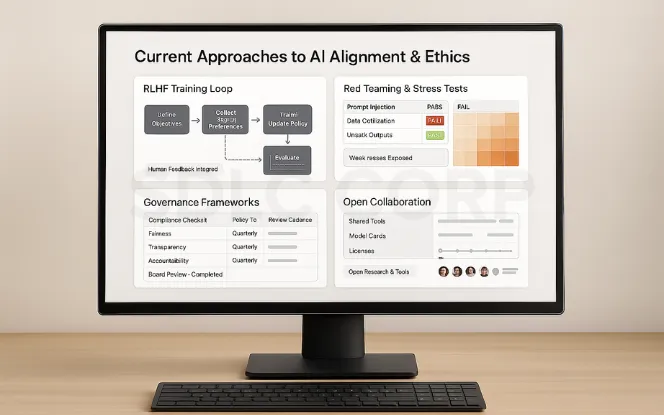 Desktop monitor on a light background showing a realistic dashboard of AI alignment approaches: RLHF training loop, red-teaming stress tests, governance compliance checklist, and open collaboration tools.