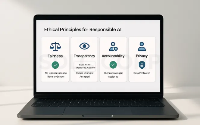 Laptop on a light background showing a dashboard with five ethical AI principles: fairness, transparency, accountability, privacy, and human-centered design.